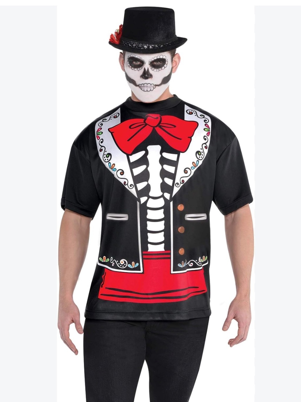 Day of the Dead Black Tee with Red Skeleton Bow printed Graphic XL Men’s